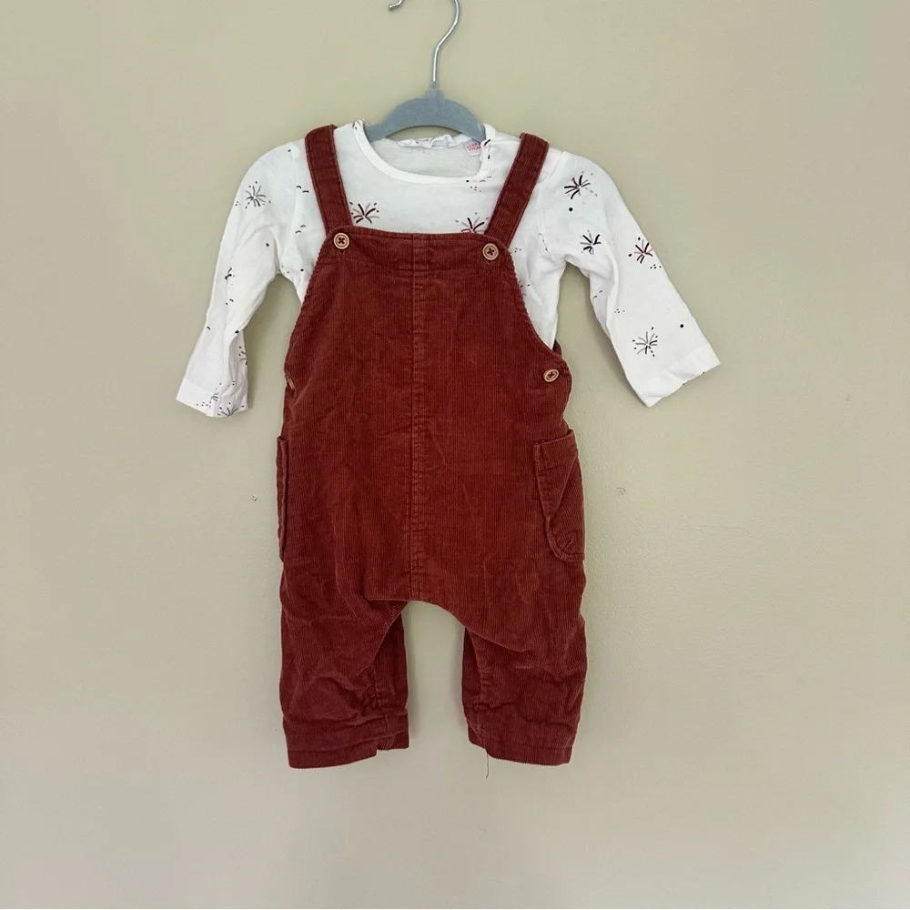 Zara Baby 2-Piece Set Rust Corduroy Overalls & Shirt Outfit 0-3M